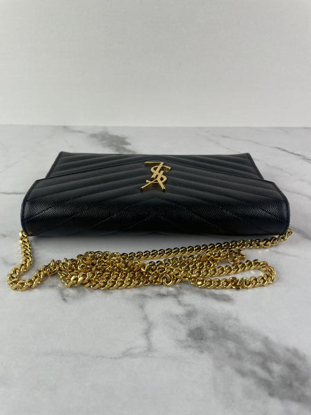 SAINT LAURENT Black CLASSIC CASSANDRE CHAIN WALLET IN GRAIN DE POUDRE LEATHER