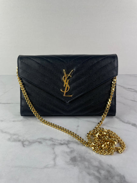SAINT LAURENT Black CLASSIC CASSANDRE CHAIN WALLET IN GRAIN DE POUDRE LEATHER