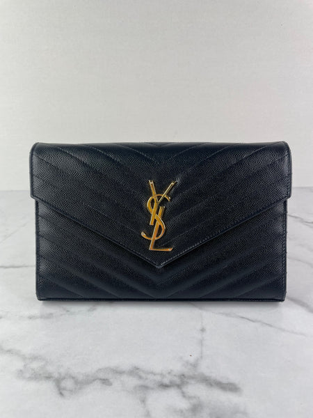 SAINT LAURENT Black CLASSIC CASSANDRE CHAIN WALLET IN GRAIN DE POUDRE LEATHER