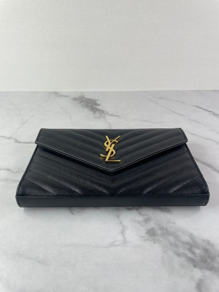 SAINT LAURENT Black CLASSIC CASSANDRE CHAIN WALLET IN GRAIN DE POUDRE LEATHER