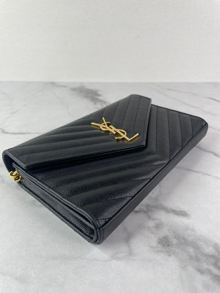 SAINT LAURENT Black CLASSIC CASSANDRE CHAIN WALLET IN GRAIN DE POUDRE LEATHER