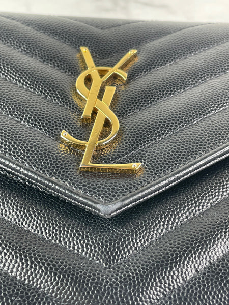 SAINT LAURENT Black CLASSIC CASSANDRE CHAIN WALLET IN GRAIN DE POUDRE LEATHER