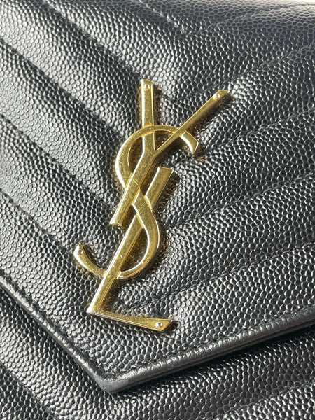 SAINT LAURENT Black CLASSIC CASSANDRE CHAIN WALLET IN GRAIN DE POUDRE LEATHER