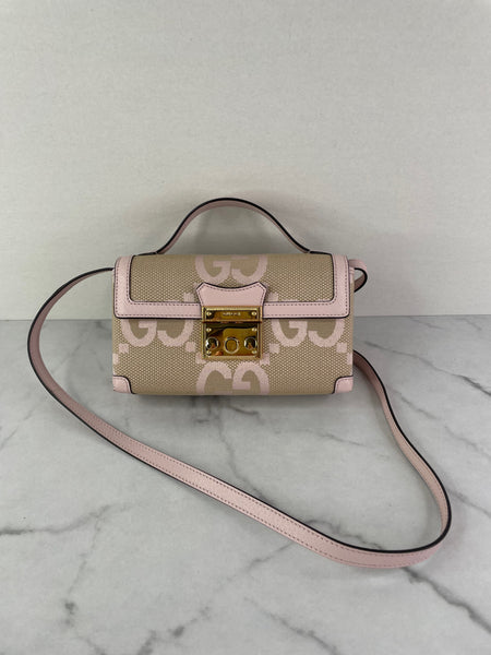 GUCCI Beige/Perfect Pink Monogram Jumbo GG Textured Dollar Calfskin Mini Padlock Top Handle Shoulder/Crossbody Bag