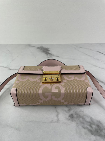 GUCCI Beige/Perfect Pink Monogram Jumbo GG Textured Dollar Calfskin Mini Padlock Top Handle Shoulder/Crossbody Bag