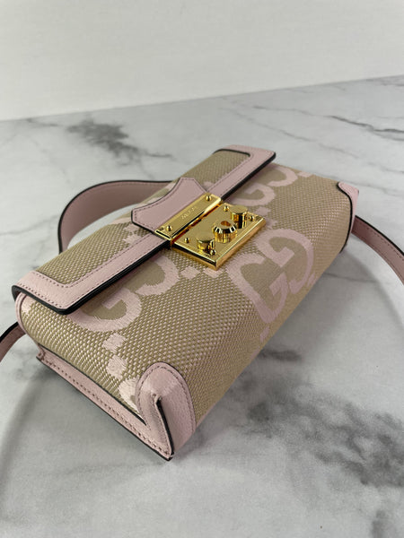 GUCCI Beige/Perfect Pink Monogram Jumbo GG Textured Dollar Calfskin Mini Padlock Top Handle Shoulder/Crossbody Bag