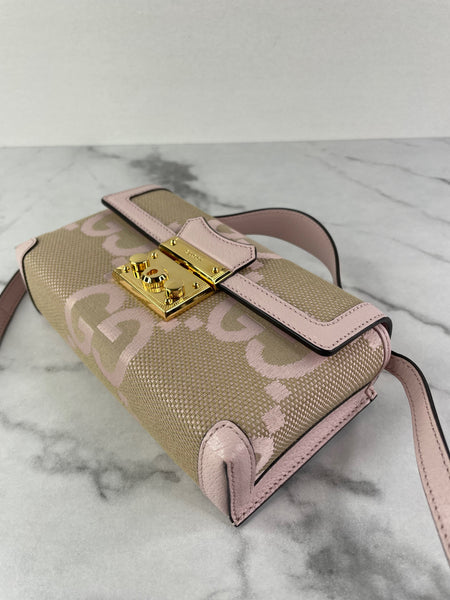 GUCCI Beige/Perfect Pink Monogram Jumbo GG Textured Dollar Calfskin Mini Padlock Top Handle Shoulder/Crossbody Bag