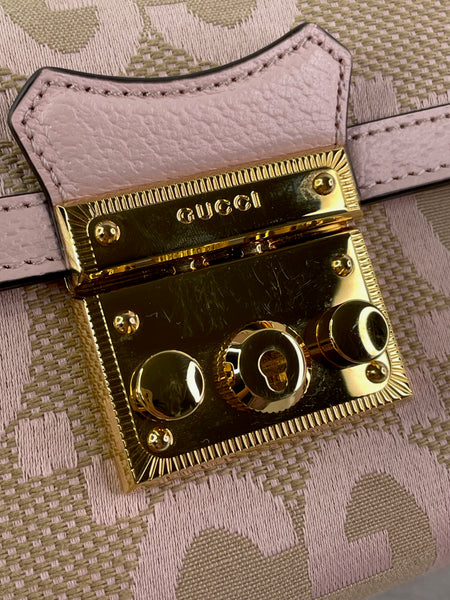 GUCCI Beige/Perfect Pink Monogram Jumbo GG Textured Dollar Calfskin Mini Padlock Top Handle Shoulder/Crossbody Bag