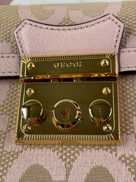 GUCCI Beige/Perfect Pink Monogram Jumbo GG Textured Dollar Calfskin Mini Padlock Top Handle Shoulder/Crossbody Bag