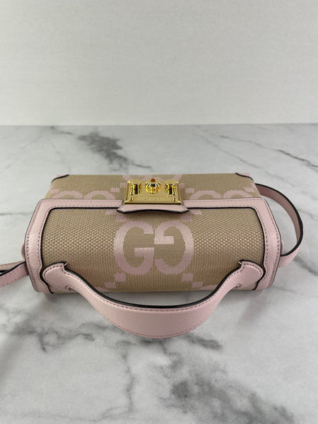 GUCCI Beige/Perfect Pink Monogram Jumbo GG Textured Dollar Calfskin Mini Padlock Top Handle Shoulder/Crossbody Bag