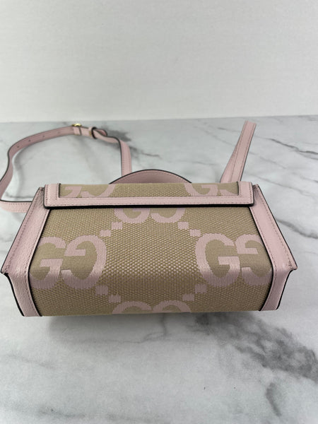 GUCCI Beige/Perfect Pink Monogram Jumbo GG Textured Dollar Calfskin Mini Padlock Top Handle Shoulder/Crossbody Bag