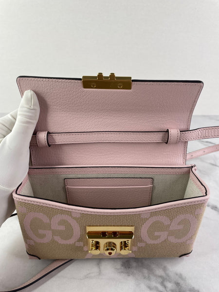 GUCCI Beige/Perfect Pink Monogram Jumbo GG Textured Dollar Calfskin Mini Padlock Top Handle Shoulder/Crossbody Bag