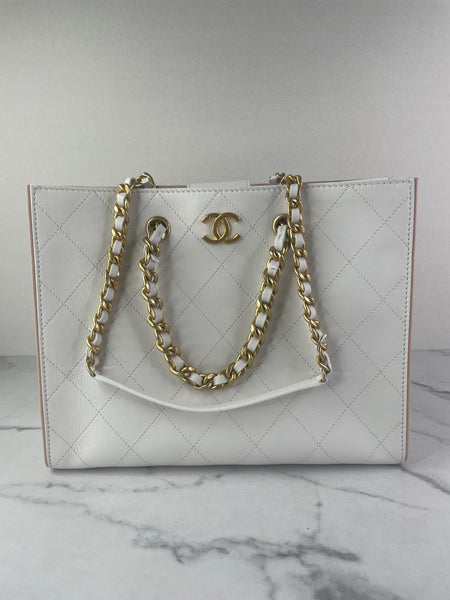 CHANEL White Smooth Calfskin Small Shopping Tote Shoulder Bag
