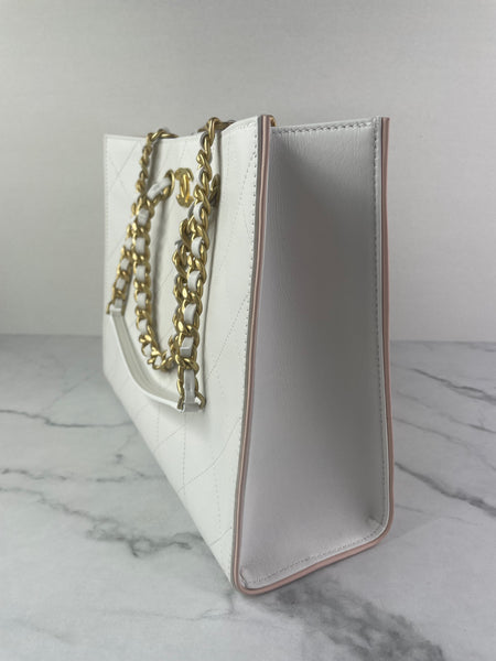 CHANEL White Smooth Calfskin Small Shopping Tote Shoulder Bag