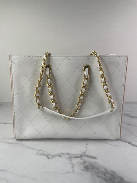CHANEL White Smooth Calfskin Small Shopping Tote Shoulder Bag