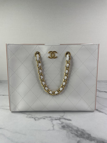 CHANEL White Smooth Calfskin Small Shopping Tote Shoulder Bag