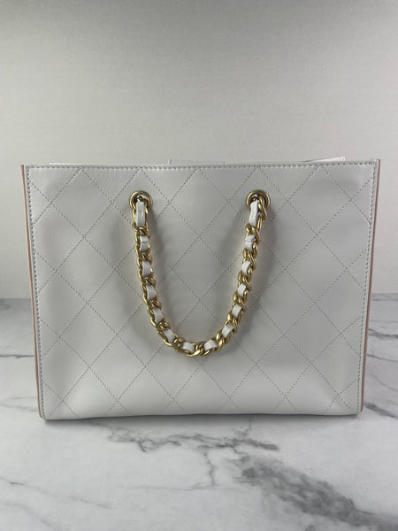 CHANEL White Smooth Calfskin Small Shopping Tote Shoulder Bag