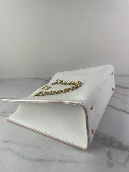 CHANEL White Smooth Calfskin Small Shopping Tote Shoulder Bag