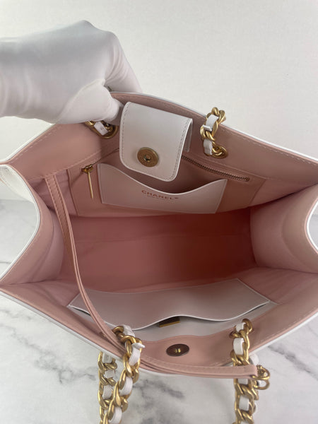 CHANEL White Smooth Calfskin Small Shopping Tote Shoulder Bag