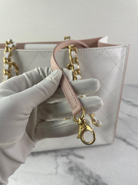 CHANEL White Smooth Calfskin Small Shopping Tote Shoulder Bag