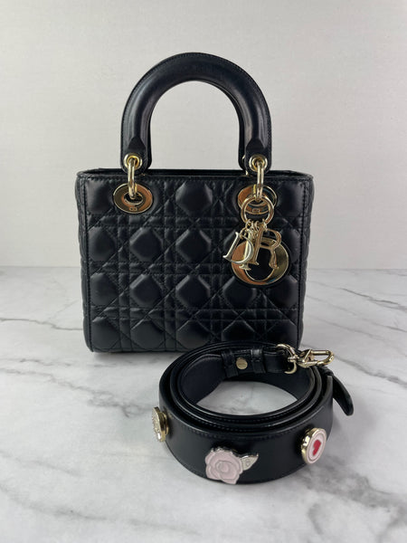 CHRISTIAN DIOR Black Lambskin Cannage Small Lucky Badges My Lady Dior Shoulder/Crossbody Bag