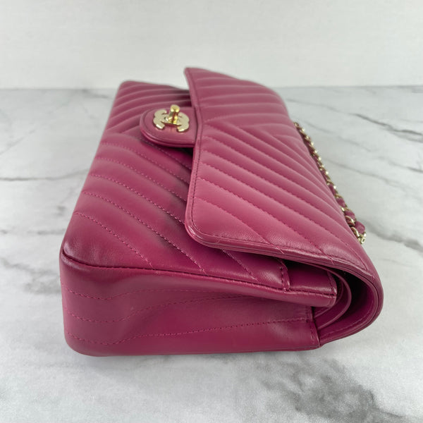 CHANEL Raspberry Dark Pink Chevron Lambskin Medium Classic Double Flap Bag