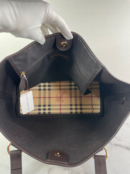 BURBERRY Chocolate Brown Haymarket Check Medium Regent Tote Shoulder Bag