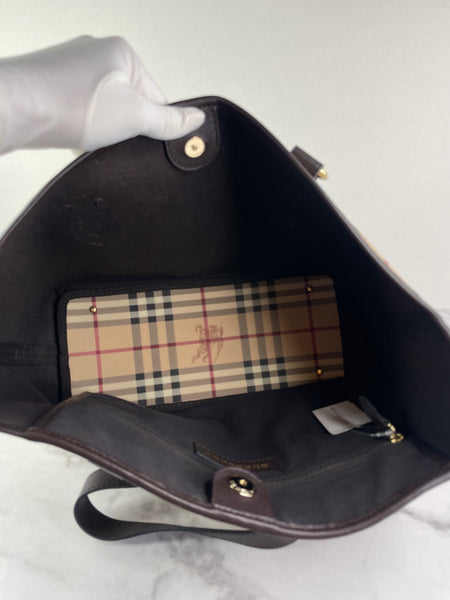 BURBERRY Chocolate Brown Haymarket Check Medium Regent Tote Shoulder Bag