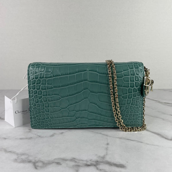 Christian Dior Vert LADY DIOR Alligator Pouch Wallet on Chain/Crossbody Bag
