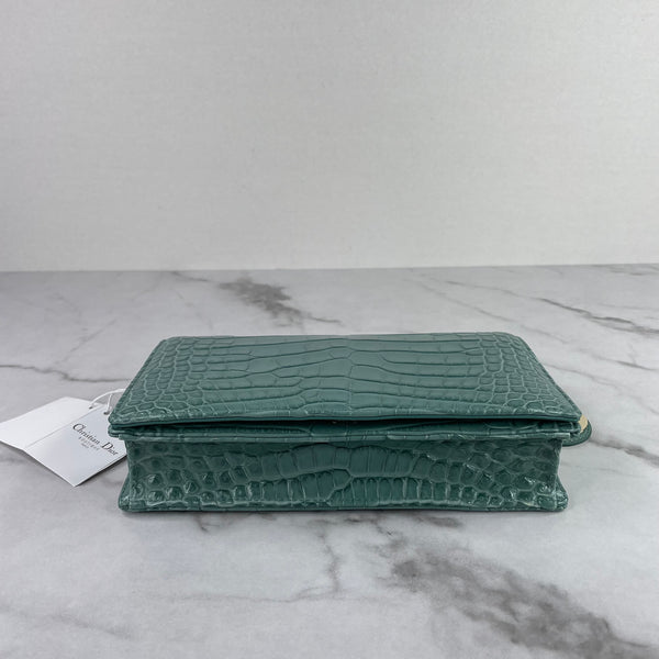 Christian Dior Vert LADY DIOR Alligator Pouch Wallet on Chain/Crossbody Bag