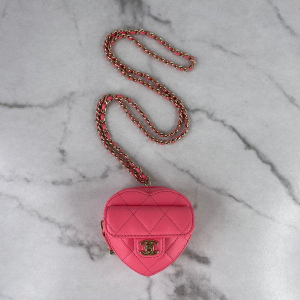 CHANEL Pink Lambskin Quilted CC In Love Heart Coin Purse With Chain/Necklace