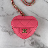 CHANEL Pink Lambskin Quilted CC In Love Heart Coin Purse With Chain/Necklace