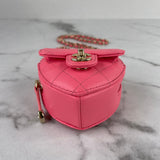 CHANEL Pink Lambskin Quilted CC In Love Heart Coin Purse With Chain/Necklace