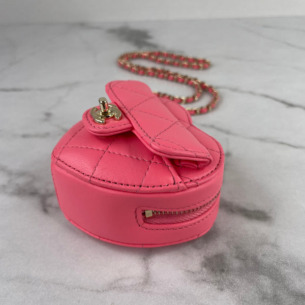 CHANEL Pink Lambskin Quilted CC In Love Heart Coin Purse With Chain/Necklace