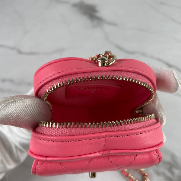 CHANEL Pink Lambskin Quilted CC In Love Heart Coin Purse With Chain/Necklace