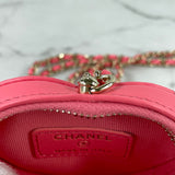 CHANEL Pink Lambskin Quilted CC In Love Heart Coin Purse With Chain/Necklace