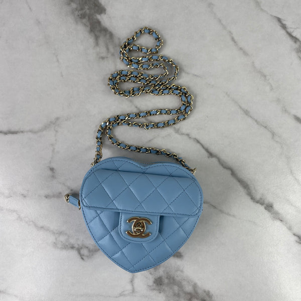 CHANEL Blue Lambskin Quilted CC In Love Heart Clutch With Chain Crossbody Bag