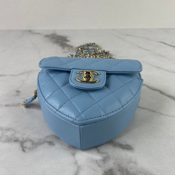 CHANEL Blue Lambskin Quilted CC In Love Heart Clutch With Chain Crossbody Bag