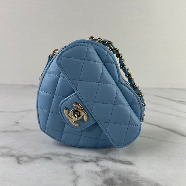 CHANEL Blue Lambskin Quilted CC In Love Heart Clutch With Chain Crossbody Bag