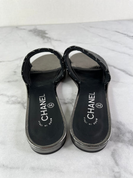 Chanel Black Grey Pearl Embroidery CC Mules Size 37