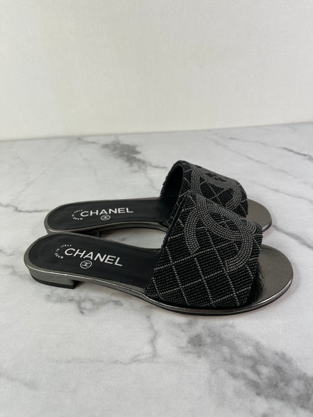 Chanel Black Grey Pearl Embroidery CC Mules Size 37