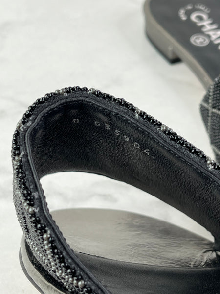 Chanel Black Grey Pearl Embroidery CC Mules Size 37