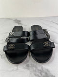 Chanel Black CC Turnlock Leather Triple Strap Flat Slides Size 37