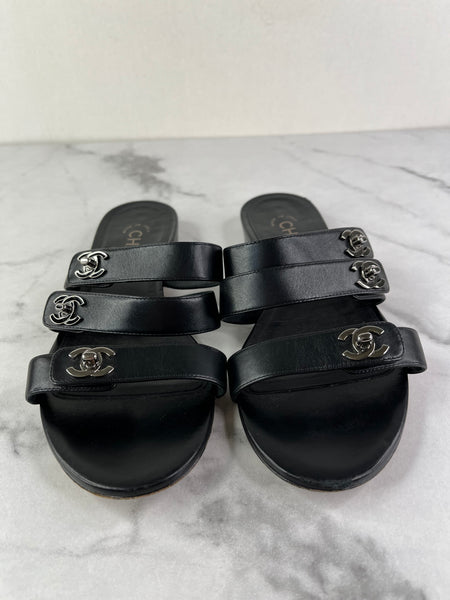 Chanel Black CC Turnlock Leather Triple Strap Flat Slides Size 37