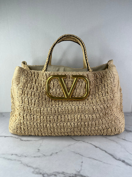 Valentino VLogo Signature Raffia Tote Bag
