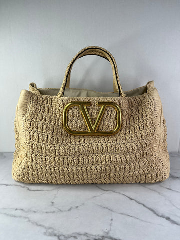 Valentino VLogo Signature Raffia Tote Bag