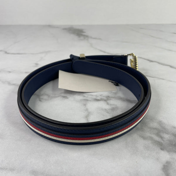 Gucci Navy Blue/Red/White Calfskin Sylvie Stripe Torchon Double G Belt Size 85/34
