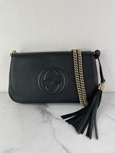 Gucci Black Pebbled Leather Soho Chain Flap Shoulder Bag