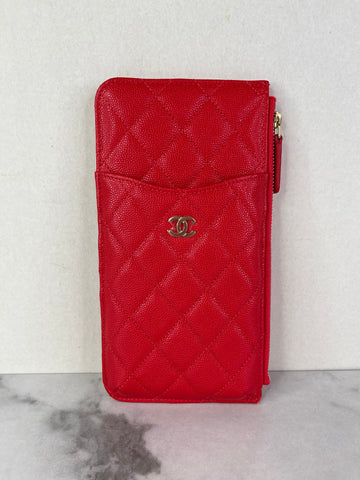 Chanel Red Caviar Quilted Classic iPhone Pouch/Wallet