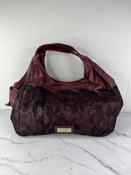 Valentino Burgundy Nuage Leather and Lace Bow Shoulder Hobo Bag